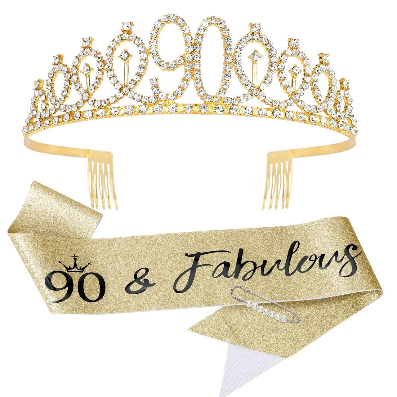 90th Birthday Sash and Tiara, Gold Tiara, 90th Birthday Gifts for Women, 90th Birthday Decorations for Women, Happy 90th Birthday Decorations